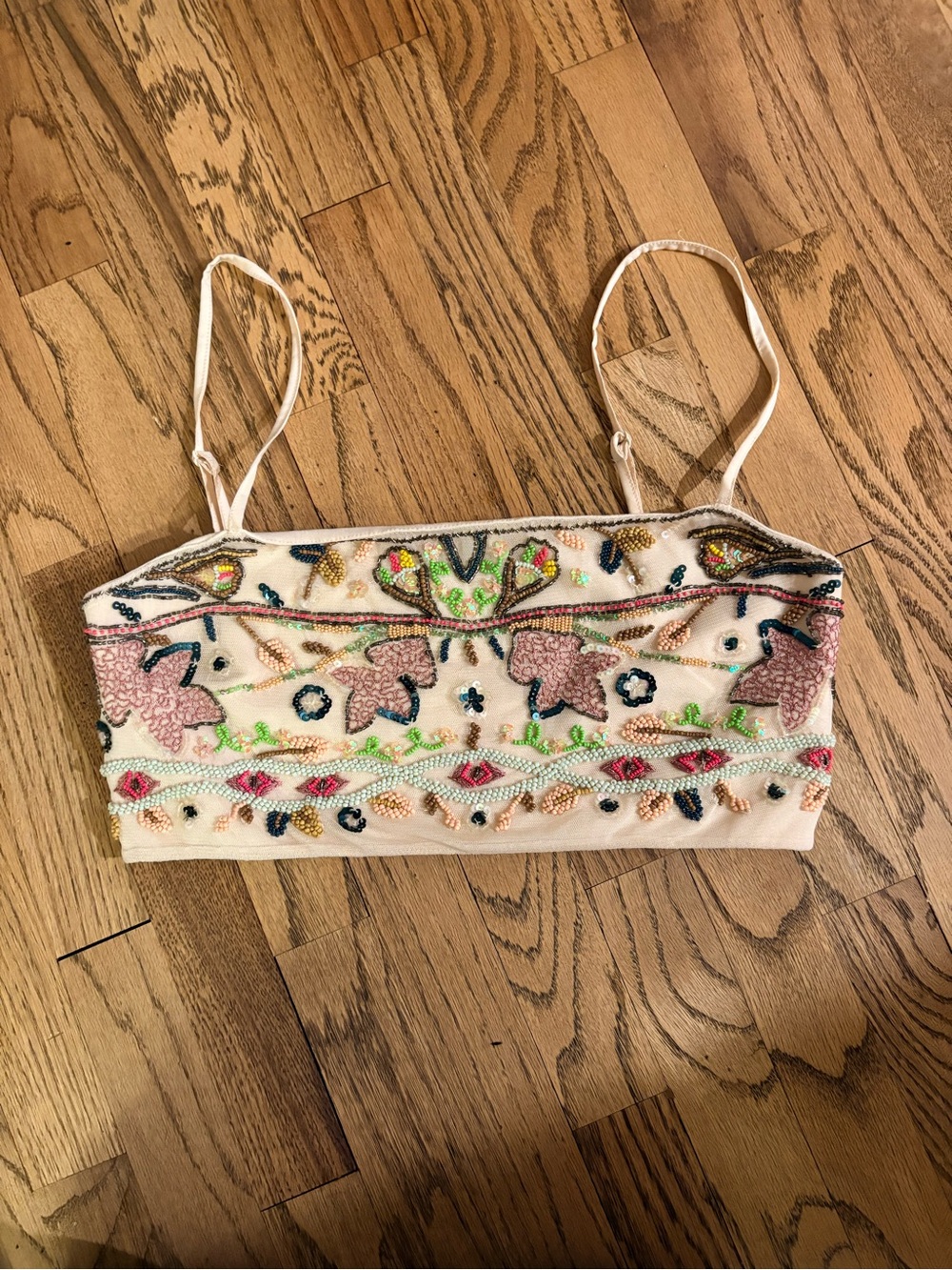 Zara Embroidered Beaded Tan Floral Crop Tank with Spaghetti Straps